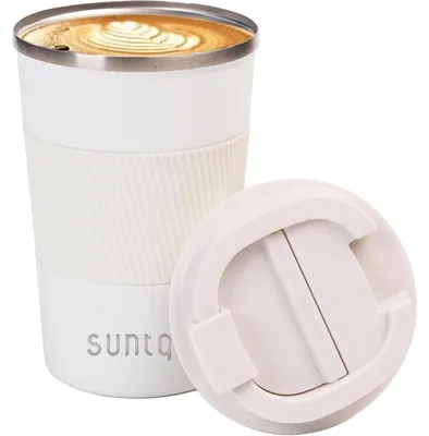 Obrázok produktu pre Termoizolačný cestovný hrnček na kávu, nerezová oceľ, 380 ml, dvojitá stena, s nepriepustným viečkom, biela
