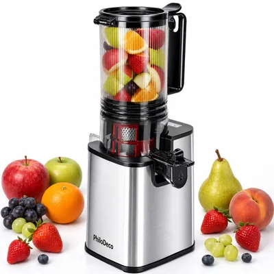 Produktbild von Slow Juicer Entsafter 250 W, Kaltpressentsafter mit 110-mm-XXL-Einfüllöffnung, Doppelsieb, 40 Nm, Rückwärtslauf, Saftpresse für Obst & Gemüse