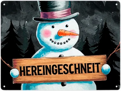 Produktbild von Schneemann mit Zylinder - Hereingeschneit Metallschild XXL in 28x38 cm