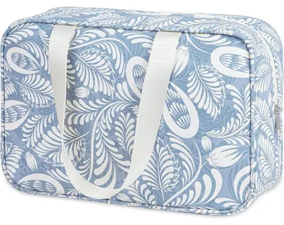 Productafbeelding van Grote opbergtas voor toiletartikelen, reistas, make-up organizer voor dames, blauw, bladmotief, 30x20x12 cm, waterafstotend