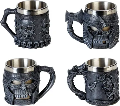 Produktbild von 4er-Set Fantasy Krüge Trinkbecher Totenköpfe und Drache