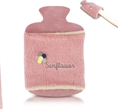 Immagine prodotto di Borsa dell'acqua calda da 2,0 L con coperchio e morbida fodera in Pelliccia sintetica, tasca a marsupio - A prova di perdite, borsa dell'acqua calda con morbida fodera rimovibile (rosa girasole)
