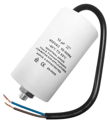 Produktbild von Kondensator CBB60 14,00µF 450V mit Anschlusskabel für elektrische Hausgeräte, KI-generiertes Bild
