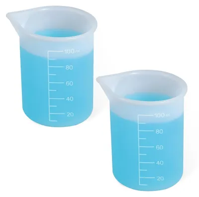 Obrázek produktu pro 2 kusy silikonových odměrek na prací prostředek, objem 100 ml, opakovaně použitelné, průhledné