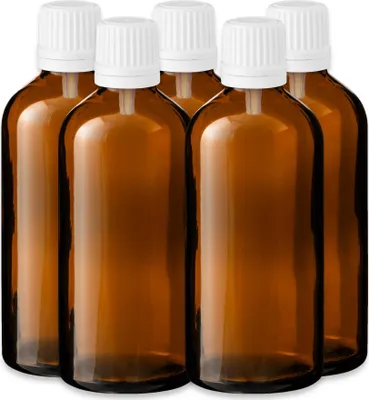 Produktbild von 5x Glasflasche braun 100 ml mit weißem Tropfer Tropfeinsatz leer Set