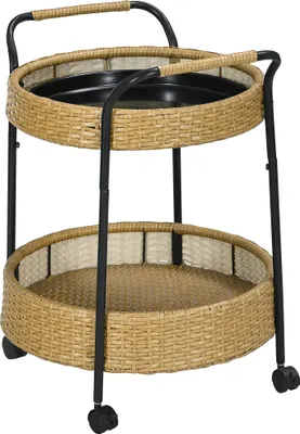 Produktbild von Outdoor Servierwagen, 2 Etagen, Bremsen, Polyrattan, Metallrahmen, Φ50 x 66H cm, Gelb