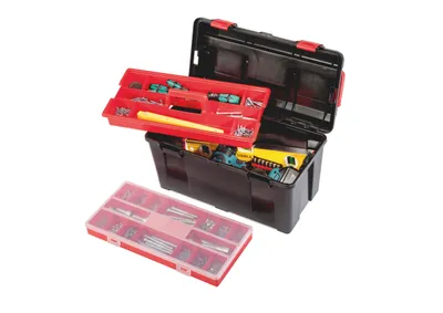 A black toolbox with red trays and compartments filled with various tools and hardware, set against a white background.
