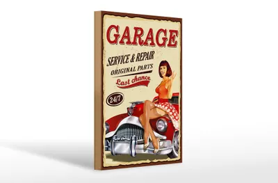 Produktbild von Holzschild Pinup 20x30cm Retro Garage service repair 24/7
