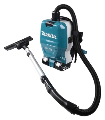 A Makita backpack vacuum cleaner with its hose and nozzle is shown against a white background.