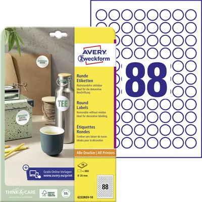 Produktbild von Avery Zweckform 6222REV-10, Runde Etiketten, ablösbar, A4, ? 20 mm, 880 Etiketten / 10 Bögen, weiß