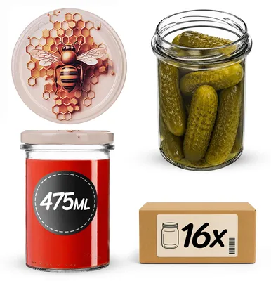 Produktbild von KADAX Einmachgläser 475ml mit Ø 82 mm Schraubdeckel, Marmeladengläser, Schraubgläser zum Einkochen, Einmachen und Aufbewahren von Marmelade & Honig (Biene mit Wabe, 16 Stück)