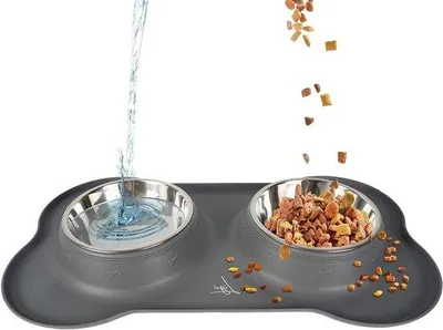 Image de Gamelle double en acier inoxydable, grise et antidérapante, pour petits chiens et chats, avec tapis en silicone