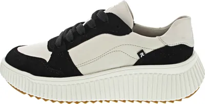 A side view of a black and white sneaker.