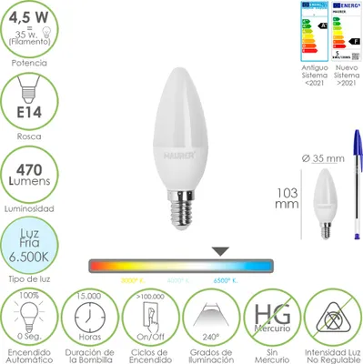 Produktbild von Bombilla Led Vela Rosca E14. 4,5 Watt. Äquivalent A 30 Watt. 470 Lumen. Luz Fria (6500º K.)