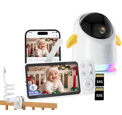 Produktbild von 5" Babyphone mit Kamera APP 360° WLAN Video Babyfone RGB Nachtsicht Weinen/Bewegungs/Geräusch-Erkennung Temperaturanzeige mit Halterung & 2*32G Karte