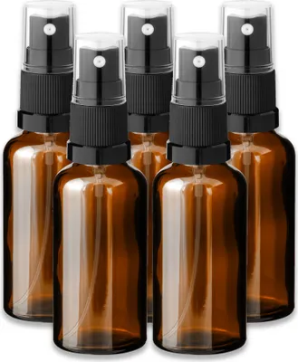 Produktbild von 5x Glasflasche braun 50 mit schwarzem Zerstäuber Sprükopf leer Set