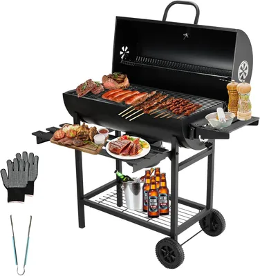 Productafbeelding van TEENO Grill: Houtskoolgrill met deksel, aslade, thermometer, transportwielen, beschermende handschoenen en een groot wagen voor kolen, barbecue en grillen