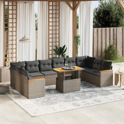 Produktbild von Modulares Garten-Sofa-Set, 11-teilig, mit verstellbarem Tisch, Poly Rattan Grau, UV-beständig, inkl. abnehmbaren Kissenbezügen
