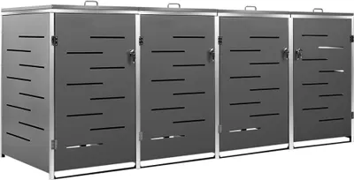 A row of four identical grey metal trash can enclosures with silver trim and handles, set against a white background.