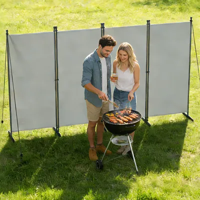 Produktbild von FIVMEN Paravent Outdoor wetterfest mit Heringen und Abspannleinen,Klappbar Freistehend Trennwand ohne Bohren,mobiler sichtschutz für Garten Balkon terrasse,4 Teilig 320 x 180 cm Hellgrau