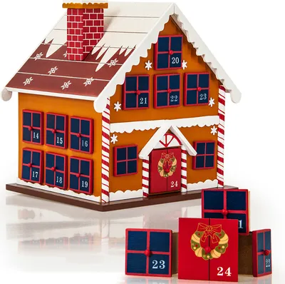 A gingerbread house-shaped advent calendar with numbered doors.