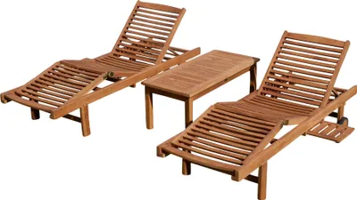 Produktbild von 2x Hochwertige TEAK Sonnenliege Gartenliege Strandliege Liegestuhl Holzliege Holz sehr robust Modell: COZY+ 1x Beistelltisch COCO 110x50cm von AS-S