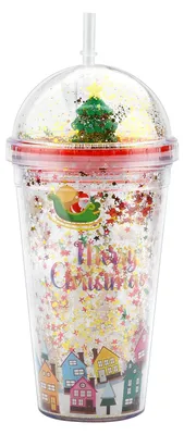 Weihnachtsbecher 450 ml, doppelwandig, mit Deckel und Strohhalm