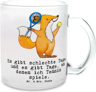 Produktbild von Mr. & Mrs. Panda Tee Tasse Fuchs Tennis spielen - Transparent - Geschenk, Motivtasse, Teeglas, Tennisclub, Turnier, Trinkglas, Haferl, Ballsportart, Teetasse