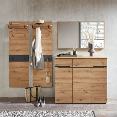 Produktbild von Garderoben Set mit Spiegel, Schuhschrank, 2 x Garderobenpaneel MANRESA-36 in Artisan Eiche Nb. mit Graphit