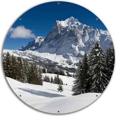 Produktbild von Wallario rundes Outdoor-Poster für Garten oder Balkon, Motiv Verschneiter Berghang unter blauem Himmel, 60 cm Durchmesser