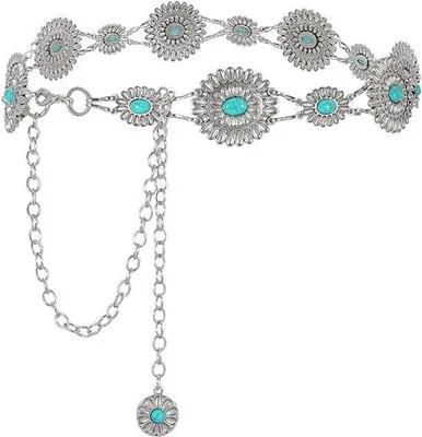 Produktbild von Kettengürtel Damen - Silberner Taillengürtel - Gliederkette mit Türkis - Western-Gürtel - Bauchkette als Accessoire für Kleid,Jeans,Hemd /Western-Mode