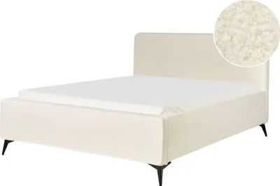 Zdjęcie produktu dla BELIANI Łóżko ze stelażem w kolorze złamanej bieli tapicerowane boucle 160 x 200 cm wezgłowie czarne metalowe nóżki nowoczesne podwójne do sypialni