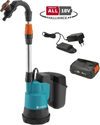 Zdjęcie produktu dla Pompa zanurzeniowa do deszczówki Gardena 2000/2 18V P4A, 2000 l/h, 20 m, akumulator Li-Ion 18V 2.5Ah, ładowarka AL 1810 CV