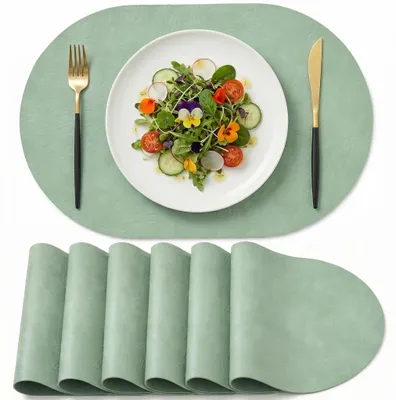 6er-Set ovale Platzsets, Kunstleder, Salbeigrün, 30x45 cm