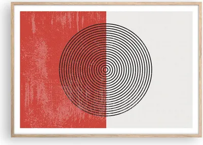 Produktbild von Gerahmtes Poster - Rahmen in heller Eiche - Abstraktion Weiß-Rot Kreise - 100x70 cm - Wand Bild - Wanddeko - Wandbilder - Kunstposter - Wandposter - Bilderrahmen - Bilder - P2NAA100x70-4370
