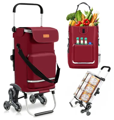 Image de Chariot de courses Sekey, montable dans les escaliers, pliable, avec compartiment réfrigérant, aide aux courses, équipé d'une sangle de fixation et d'une poignée réglable en hauteur, rouge