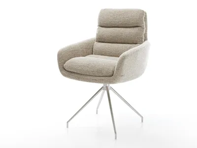 Produktbild von DELIFE Esszimmerstuhl Abelia-Flex mit Armlehnen Webstoff Soft Beige Kreuzgestell konisch Edelstahl