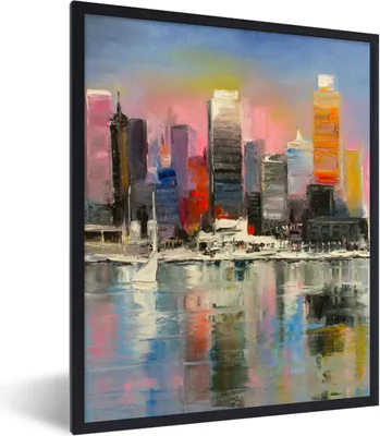 Produktbild von MuchoWow® Gerahmtes Poster Gemälde - Öl - Skyline - Wasser 60x80 cm - Poster mit Schwarzem Bilderrahmen Wandposter Rahmen Foto Bilder - Premium - Wanddeko Wohnzimmer