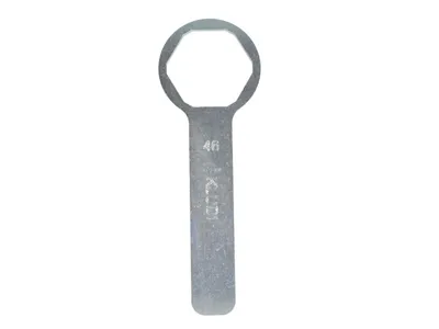 A silver-colored hexagonal wrench with a handle, isolated on a white background.