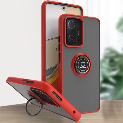 Produktbild von Xiaomi 11T Hülle, Ring Halter Ständer Matte Transluzent TPU Rahmen Stoßfest Schutzhülle für Xiaomi 11T / 11T Pro Rot