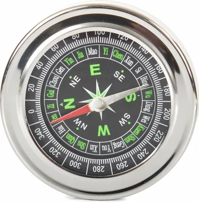 A close-up studio shot of a compass.