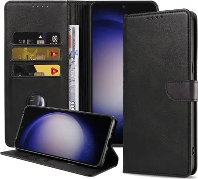 Obrázek produktu pro Vhodné pro telefon Samsung Galaxy S23 Pouzdro z umělé kůže s magnetickým rtem a držákem na karty Pouzdro typu kniha s klopou - černé - Smartphonics