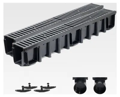 Produktbild von 2m Entwässerungsrinne mit einer Tiefe von 148mm, Belastungsklasse C250, komplettes Set mit Gussrost (schwarz)