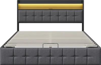 Image de Lit Double 160x200 Cm Avec Sommier Et Rangement, Lits Capitonné Avec LED Et Prise USB, Lin, Gris