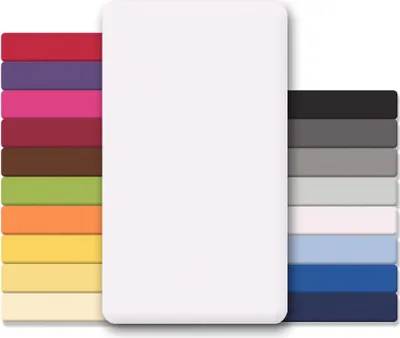 A white topper is shown in the center, with swatches of various colors arranged in stacks on either side, representing different color options.