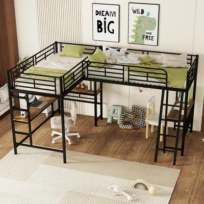 Produktbild von MODFU Hochbett Metallbett 90×200cm mit Werkbank, 2 Etagenbetten mit Tisch und Doppeltreppe, Schwarz(ohne Matratze)