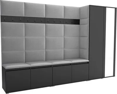 A modern hallway furniture set with upholstered wall panels, benches, and a cabinet with a mirror.