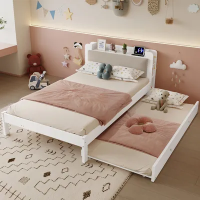 Produktbild von Merax Kinderbett Funktionsbett 120x200cm mit Ausziehbett 90x190cm, Holzbett mit gepolstertem Kopfteil, Gästebett mit Regal und Ladestation, Weiß