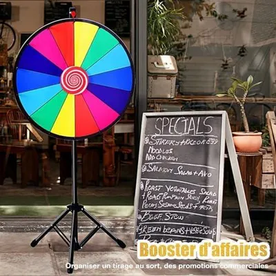 Immagine prodotto di Ruota della fortuna da 24 pollici con stativo, pennarello e gomma, ruota girevole per giochi a premi e giochi di parole, 14 sezioni, diametro 60 cm, roulette per feste, carnevali ed eventi