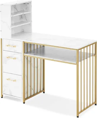 Image de Table à ongles - Bureau - Table à maquillage - Bureau d'écriture - Table de manucure - Bois MDF blanc - Avec cadre métallique - 3 tiroirs